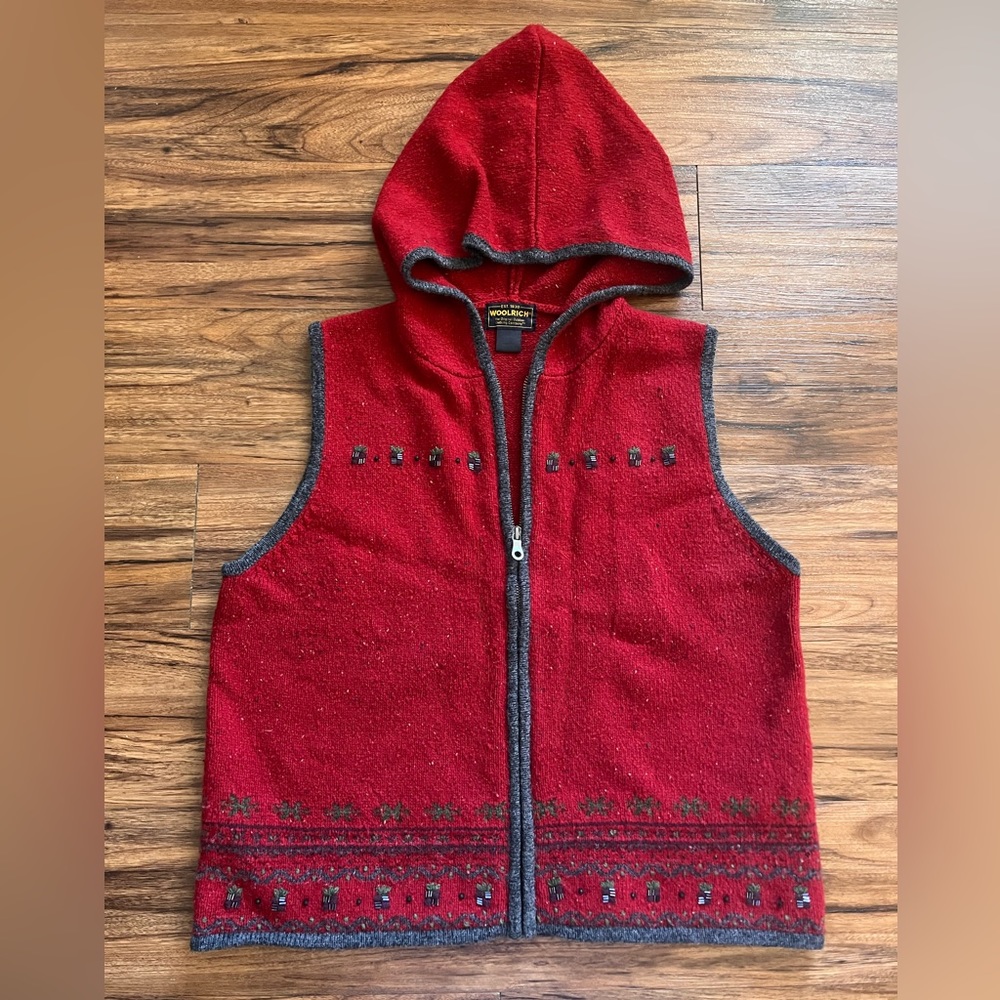 Woolrich Women's Size L Wool Blend Hooded Sweater Vest Zipper Succulent Beaded
